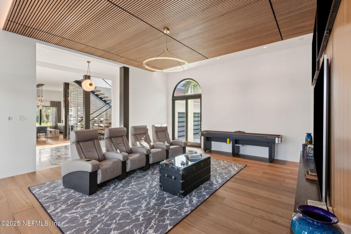 Home Theatre Room, Game Room, Interior, Pendant Lights, Wood Texture Flooring