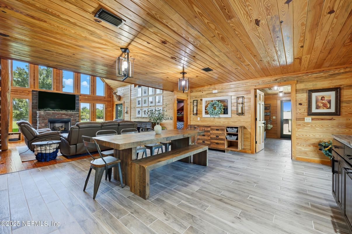 Fireplace, Interior, Living room, Pendant Lights, Wooden Ceilings, Wood Texture Flooring, Wooden Walls