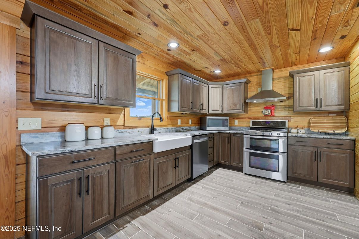 Interior, Kitchen, Recessed Lighting, Stainless Steel Appliances, Wooden Ceilings, Wood Texture Flooring