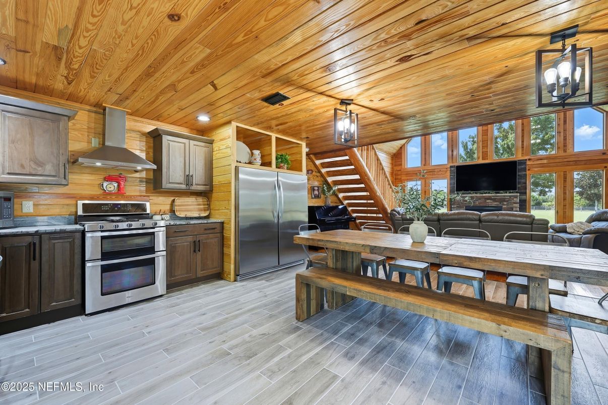 Interior, Kitchen, Living room, Pendant Lights, Recessed Lighting, Stainless Steel Appliances, Wooden Ceilings, Wood Texture Flooring