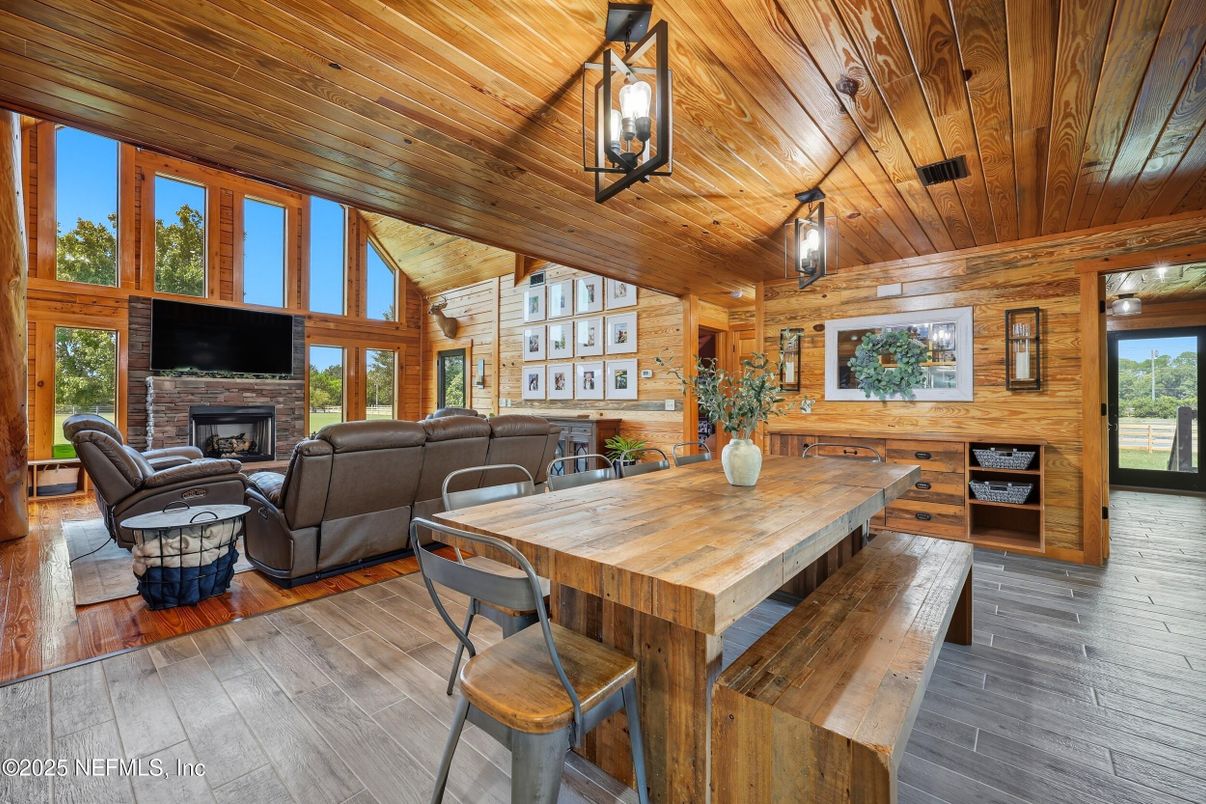 Dining room, Fireplace, Interior, Living room, Pendant Lights, Wooden Ceilings, Wood Texture Flooring, Wooden Walls