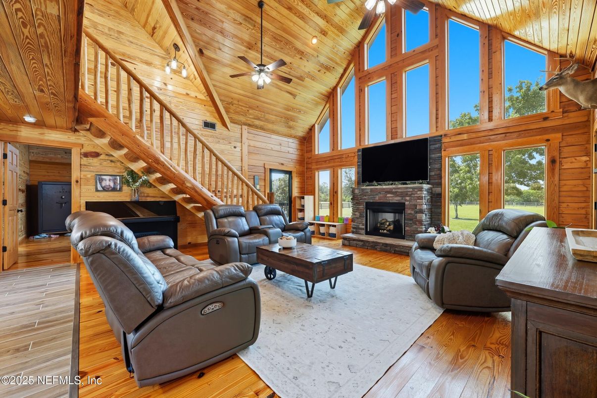 Fireplace, Interior, Living room, Piano, Wooden Beams, Wooden Ceilings, Wood Texture Flooring, Wooden Walls
