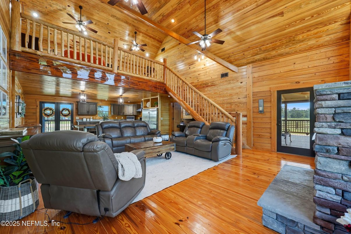 Interior, Kitchen, Living room, Recessed Lighting, Stone Walls, Wooden Ceilings, Wood Texture Flooring, Wooden Walls