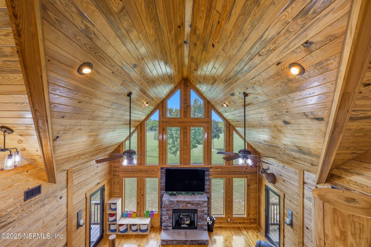 Fireplace, Interior, Recessed Lighting, Wooden Beams, Wooden Ceilings, Wood Texture Flooring, Wooden Walls