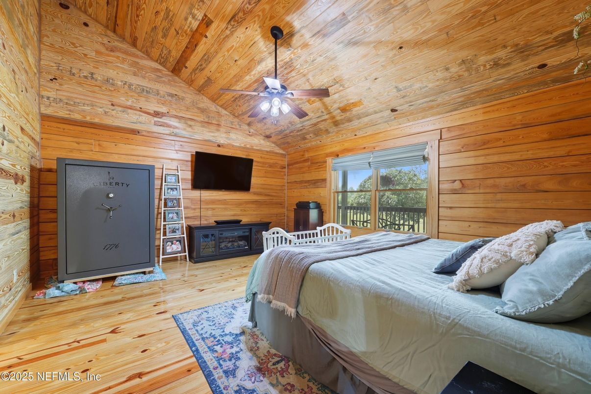 Bedroom, Fireplace, Interior, Wooden Ceilings, Wood Texture Flooring, Wooden Walls