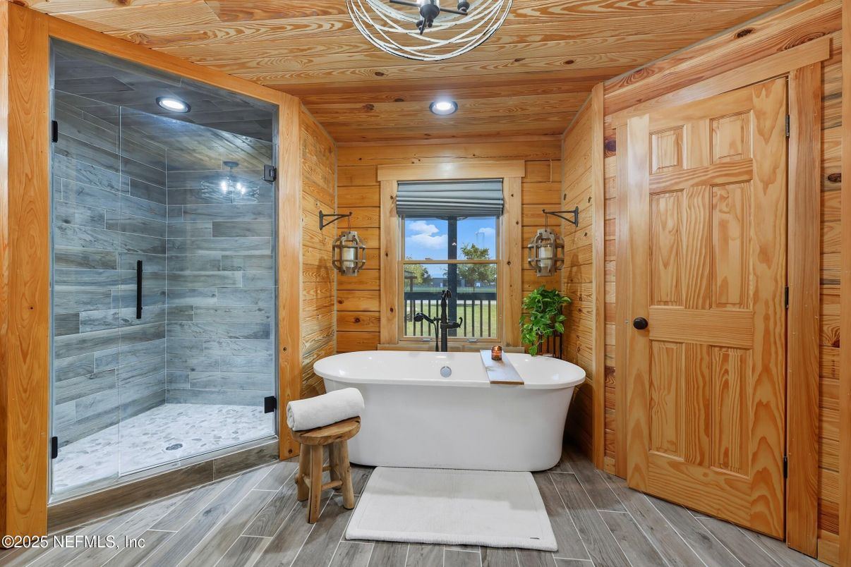 Bathroom, Free Standing Baths, Glass Shower, Interior, Recessed Lighting, Wooden Ceilings, Wood Texture Flooring, Wooden Walls