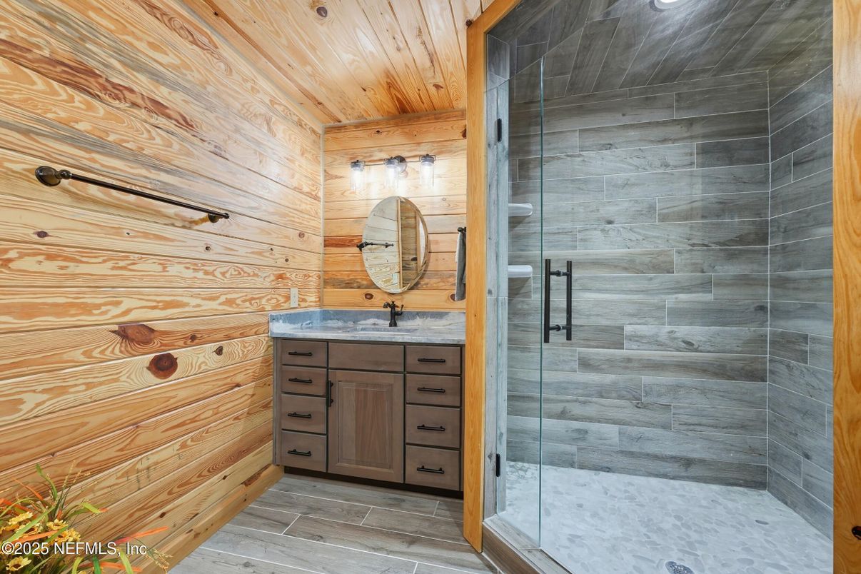Bathroom, Glass Shower, Interior, Wooden Ceilings, Wood Texture Flooring, Wooden Walls
