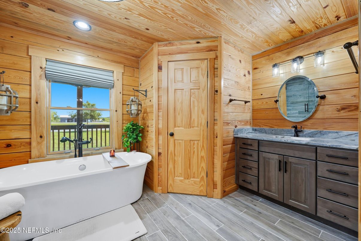 Bathroom, Free Standing Baths, Interior, Recessed Lighting, Wooden Ceilings, Wood Texture Flooring, Wooden Walls