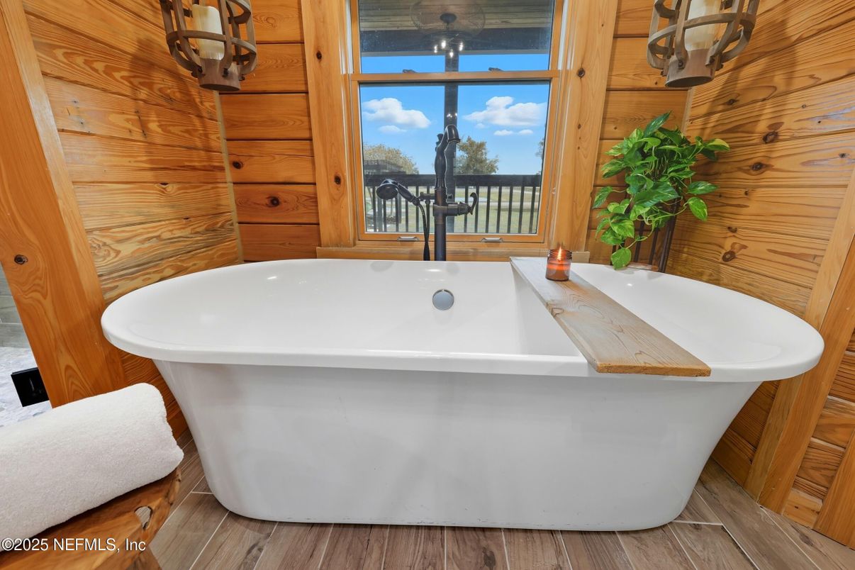 Bathroom, Free Standing Baths, Interior, Water, Wood Texture Flooring, Wooden Walls