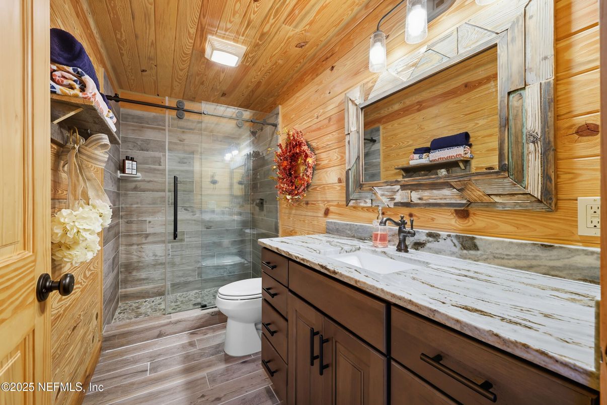 Bathroom, Glass Shower, Interior, Wooden Ceilings, Wood Texture Flooring, Wooden Walls