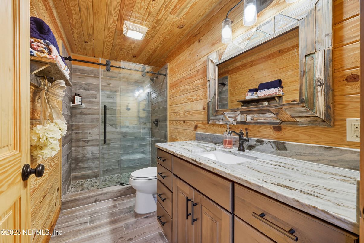 Bathroom, Glass Shower, Interior, Wooden Ceilings, Wood Texture Flooring, Wooden Walls