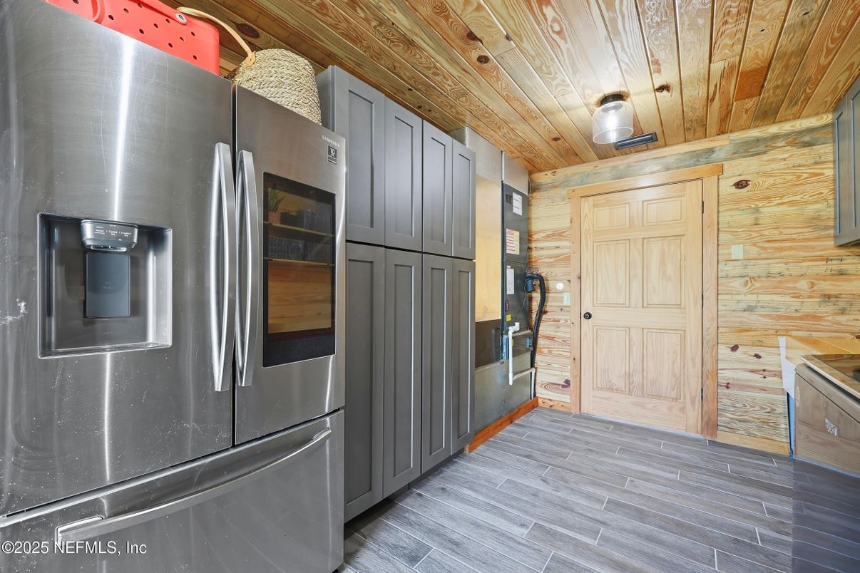 Interior, Kitchen, Stainless Steel Appliances, Wooden Ceilings, Wood Texture Flooring, Wooden Walls