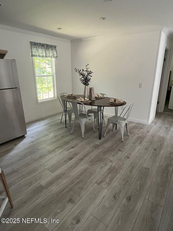 Dining room, Interior, Recessed Lighting, Wood Texture Flooring