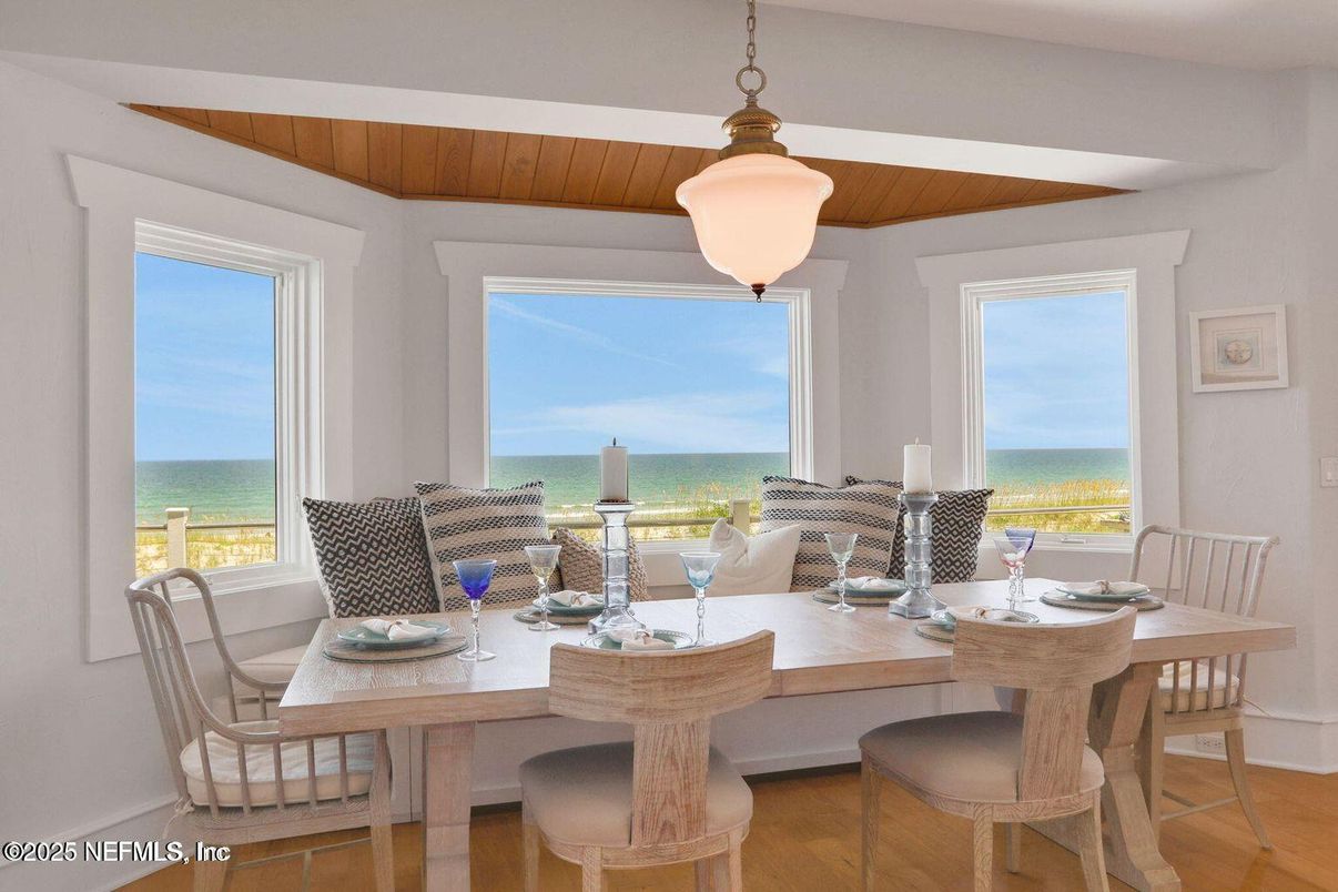 Dining room, Interior, Pendant Lights, Water, Wooden Ceilings, Wood Texture Flooring