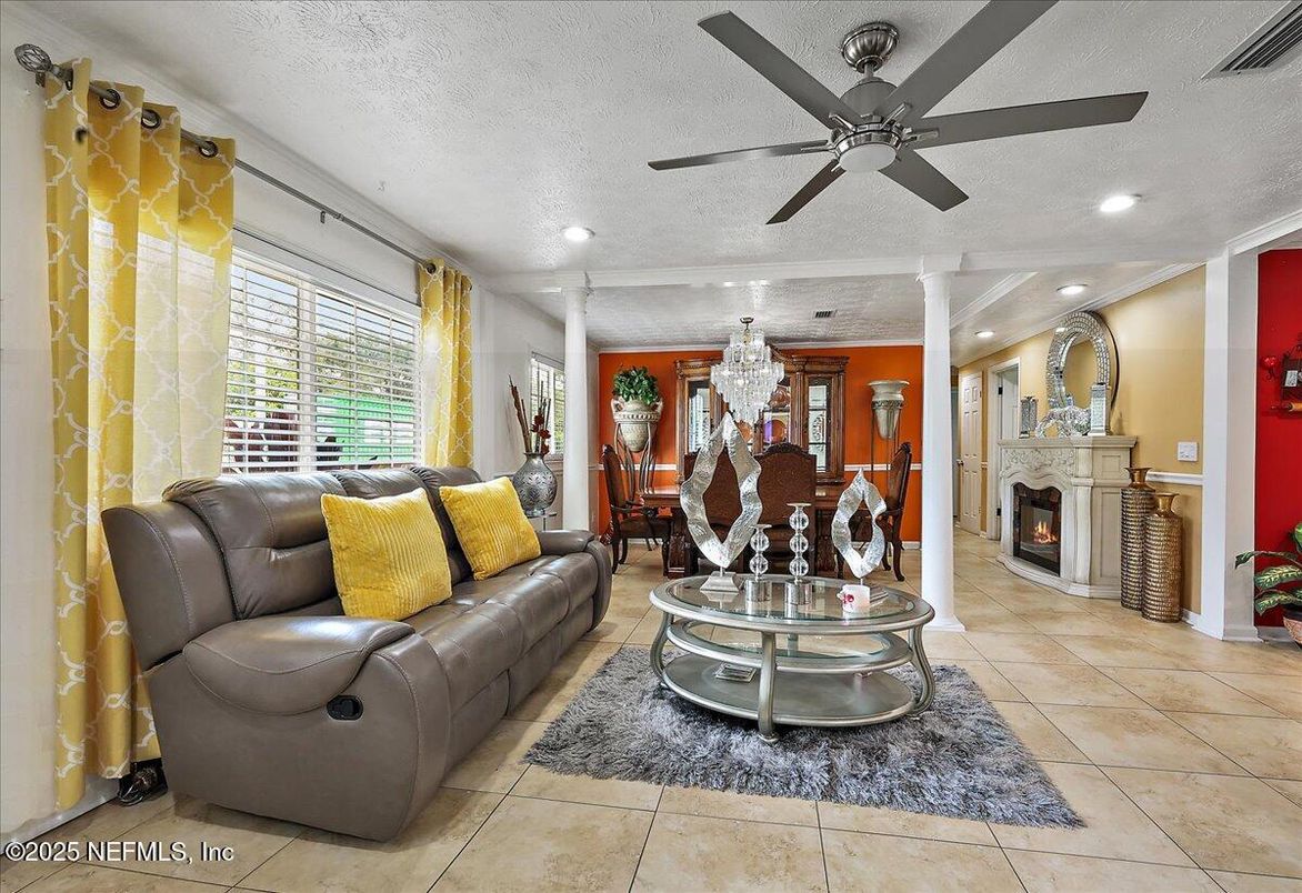 Chandelier, Dining room, Fireplace, Interior, Recessed Lighting