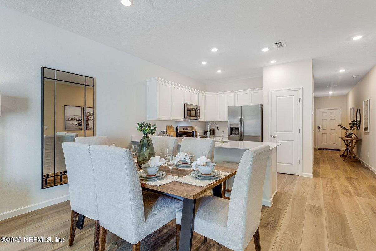 Dining room, Interior, Kitchen, Recessed Lighting, Stainless Steel Appliances, Wood Texture Flooring