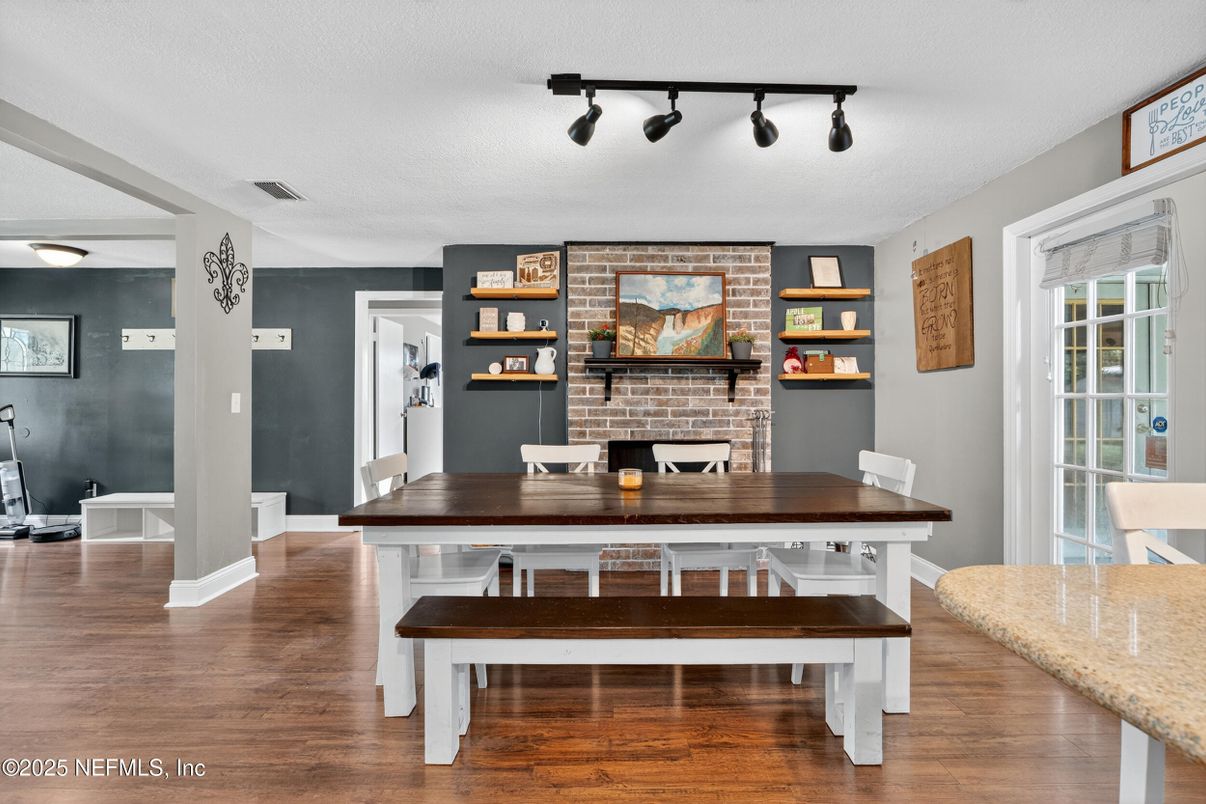 Dining room, Fireplace, Interior, Wood Texture Flooring