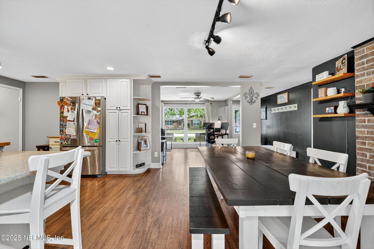 Dining room, Interior, Kitchen, Recessed Lighting, Stone Walls, Wood Texture Flooring