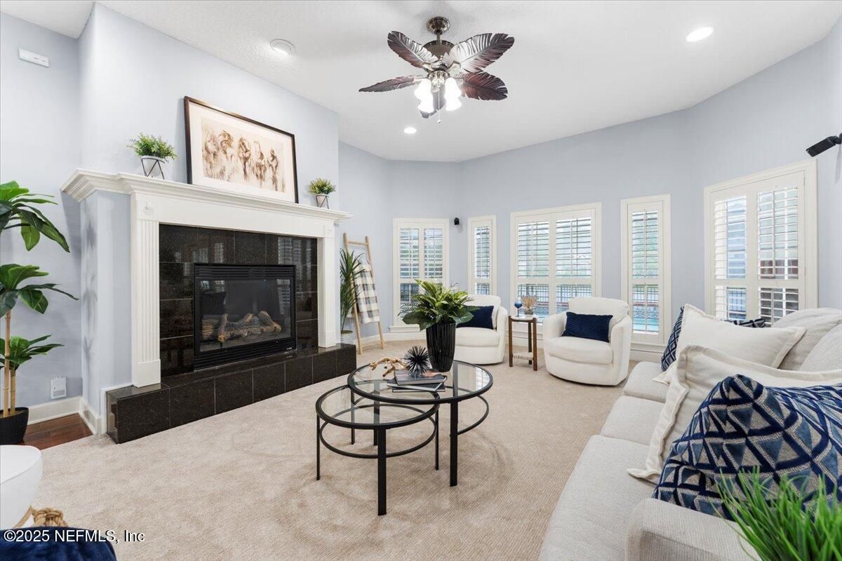 Fireplace, Interior, Living room, Recessed Lighting, Wood Texture Flooring