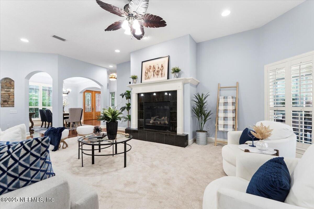 Dining room, Fireplace, Interior, Living room, Recessed Lighting