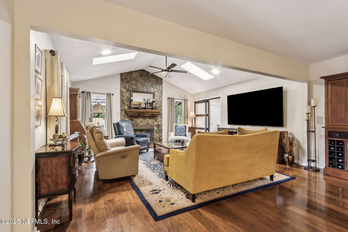 Fireplace, Interior, Living room, Stone Walls, Wood Texture Flooring