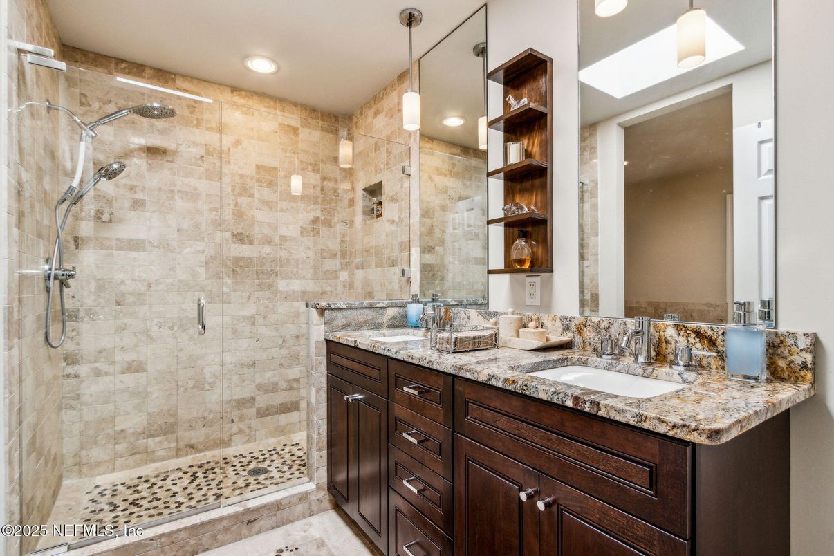Bathroom, Dual Sink Vanities, Glass Shower, Interior, Recessed Lighting