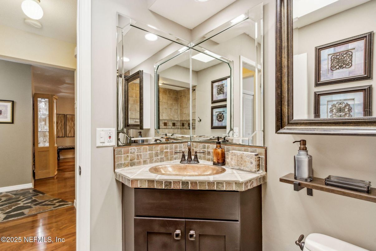 Bathroom, Interior, Recessed Lighting, Tile Countertops, Wood Texture Flooring