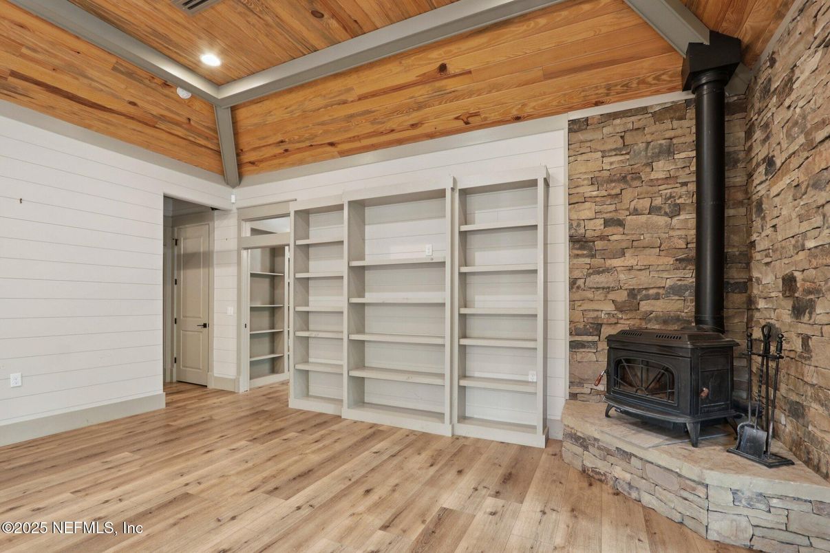 Empty room, Fireplace, Interior, Stone Walls, Wooden Ceilings, Wood Texture Flooring, Wooden Walls