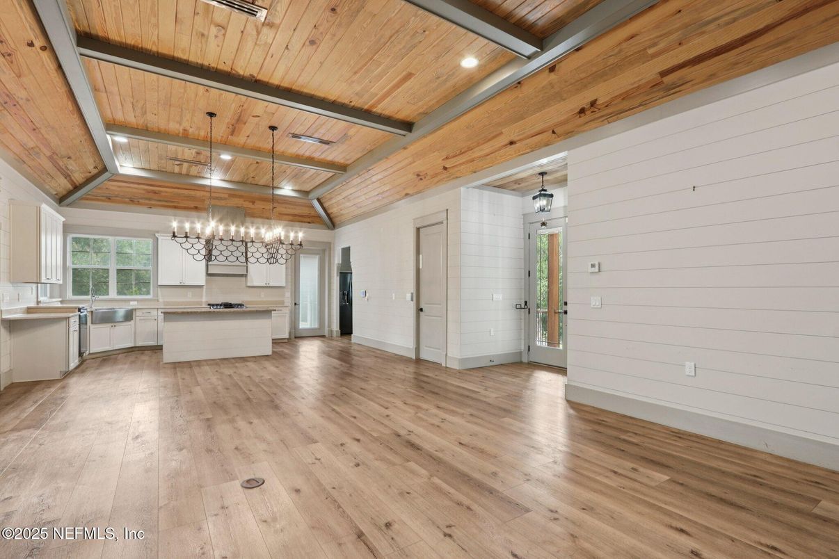 Chandelier, Empty room, Interior, Kitchen, Recessed Lighting, Wooden Beams, Wooden Ceilings, Wood Texture Flooring