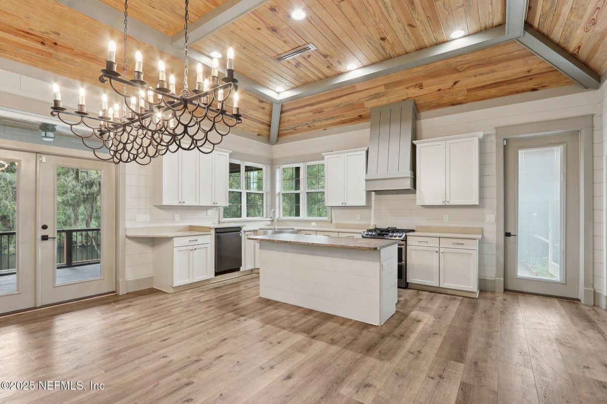 Chandelier, Interior, Kitchen, Recessed Lighting, Wooden Ceilings, Wood Texture Flooring