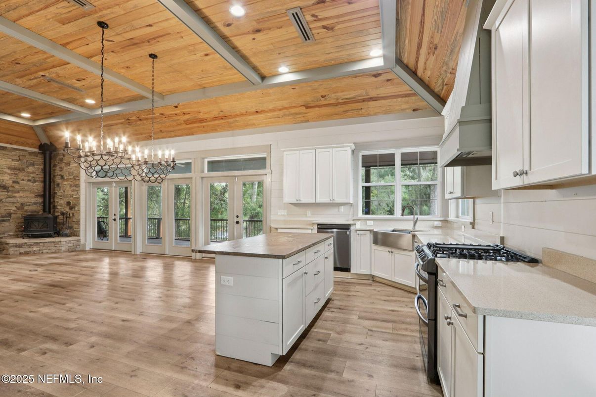 Chandelier, Fireplace, Interior, Kitchen, Pendant Lights, Recessed Lighting, Stone Walls, Wooden Beams, Wooden Ceilings, Wood Texture Flooring