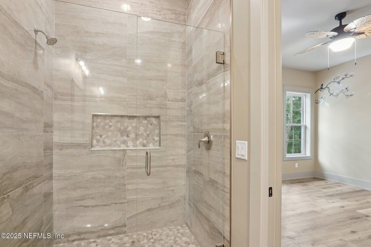 Bathroom, Glass Shower, Interior, Recessed Lighting, Wood Texture Flooring