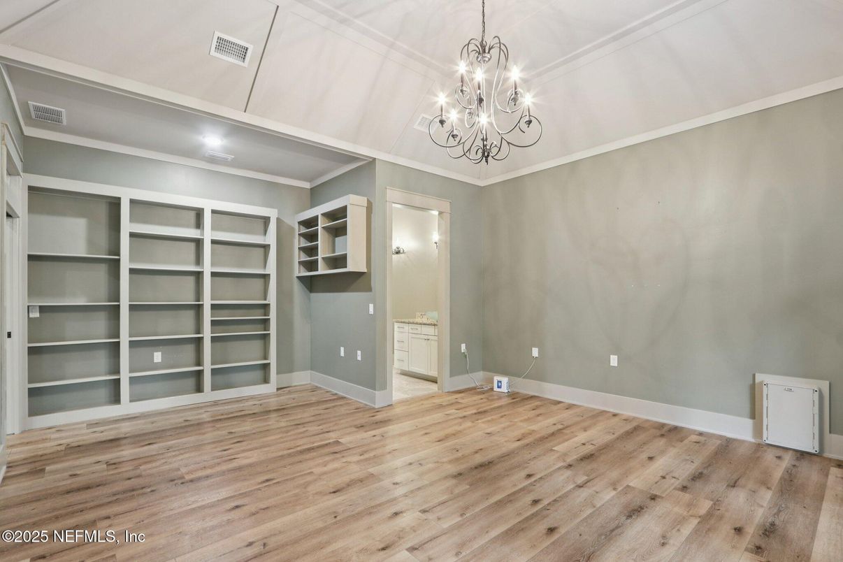 Chandelier, Empty room, Interior, Recessed Lighting, Wood Texture Flooring