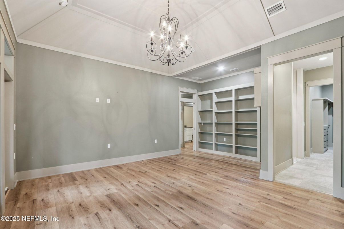 Chandelier, Empty room, Interior, Recessed Lighting, Wood Texture Flooring