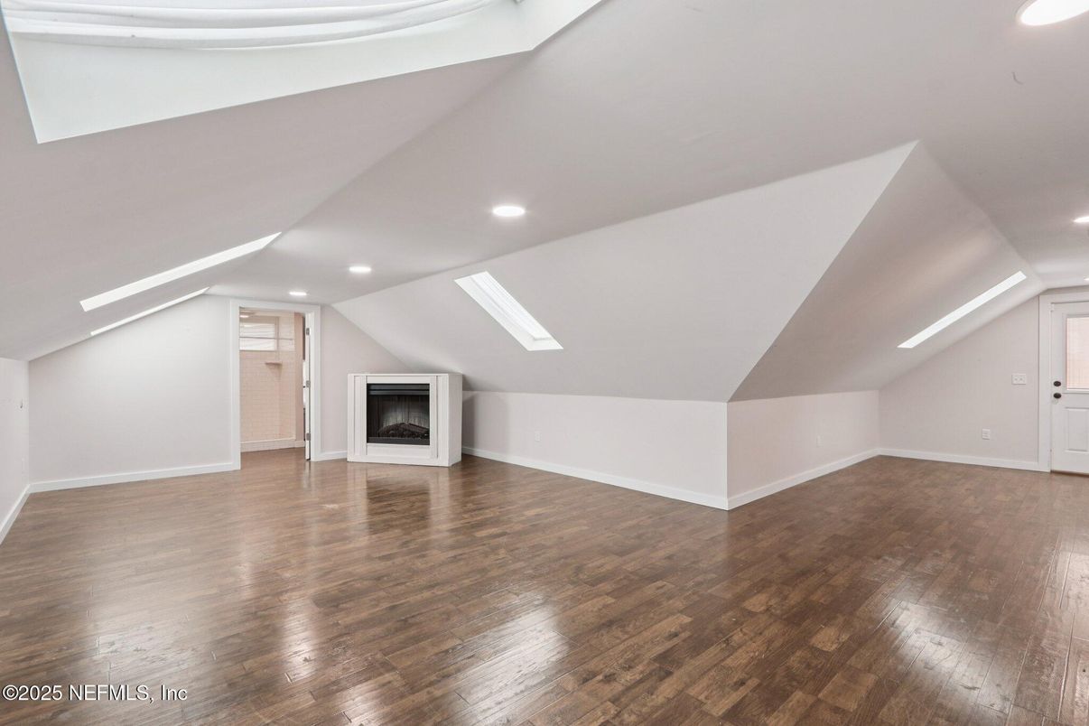 Empty room, Fireplace, Interior, Recessed Lighting, Wood Texture Flooring