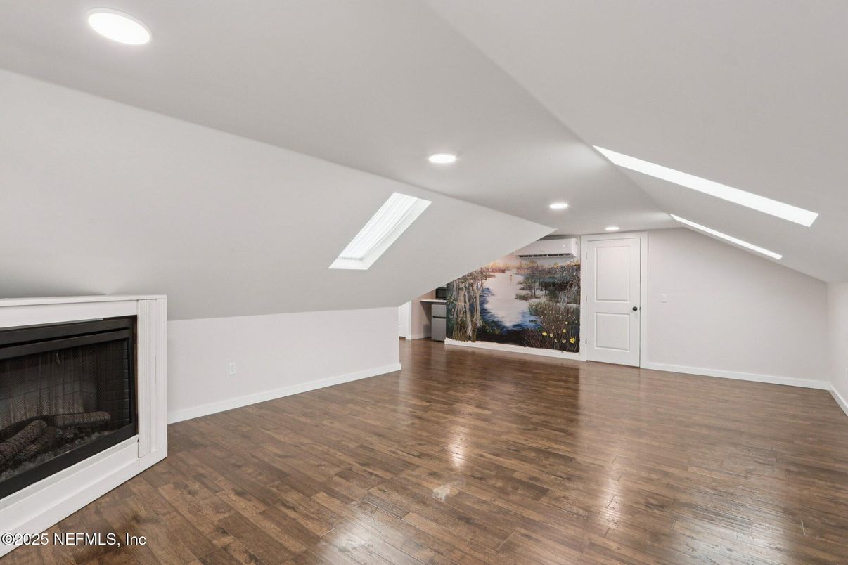 Empty room, Fireplace, Interior, Recessed Lighting, Wood Texture Flooring