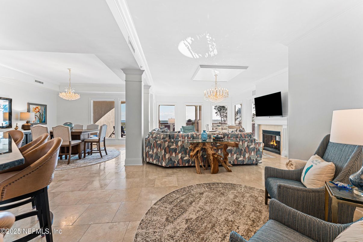 Chandelier, Dining room, Fireplace, Interior, Living room