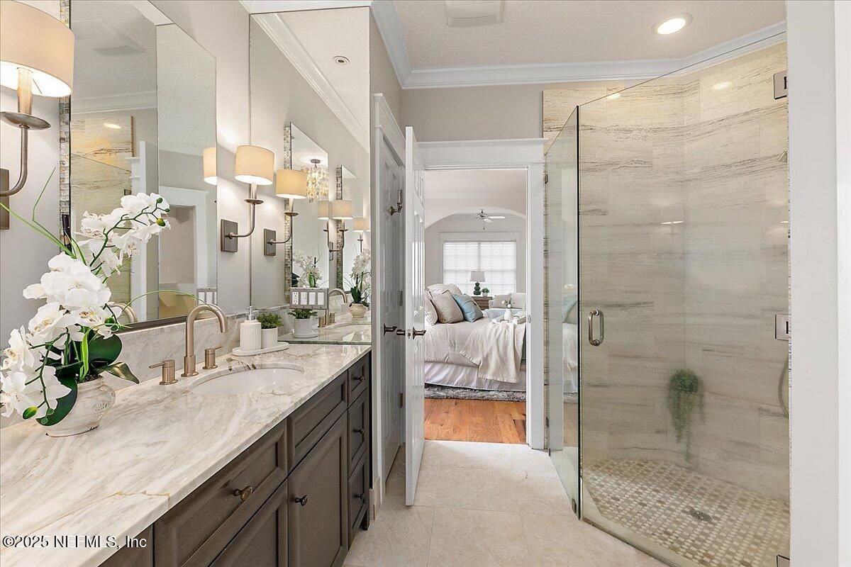 Bathroom, Bedroom, Dual Sink Vanities, Glass Shower, Interior, Recessed Lighting, Wood Texture Flooring