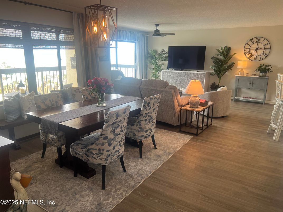 Dining room, Interior, Living room, Pendant Lights, Wood Texture Flooring