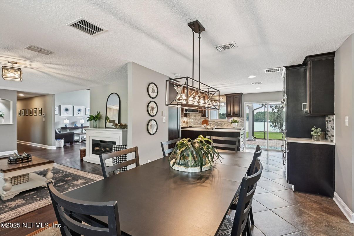 Dining room, Fireplace, Interior, Kitchen, Pendant Lights, Recessed Lighting