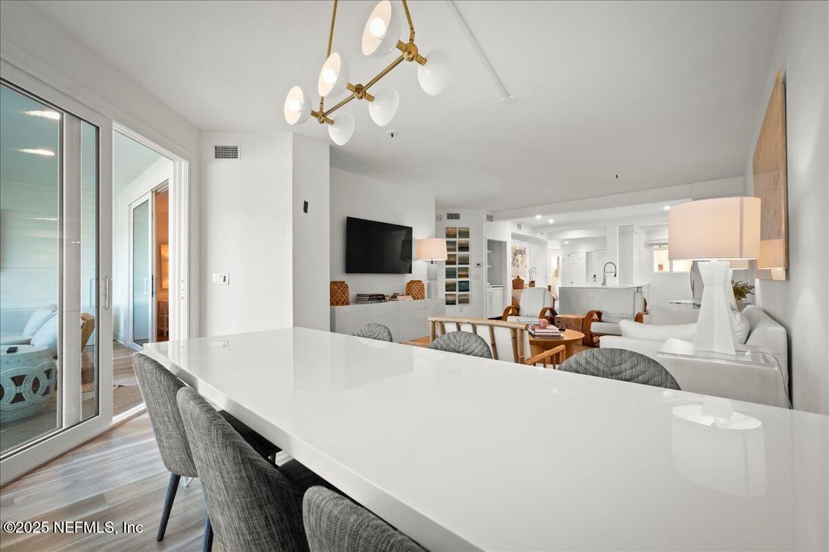 Dining room, Interior, Living room, Pendant Lights, Recessed Lighting, Wood Texture Flooring