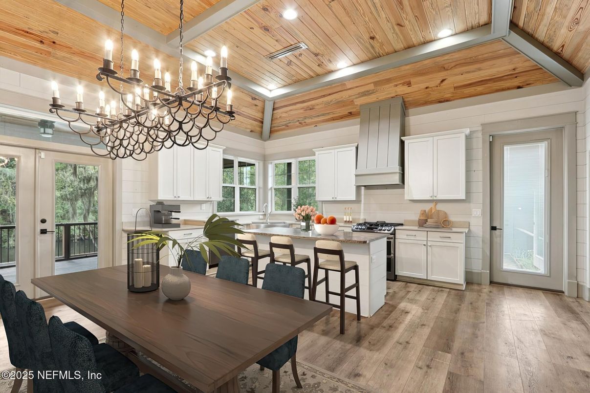 Chandelier, Dining room, Interior, Kitchen, Recessed Lighting, Wooden Ceilings, Wood Texture Flooring