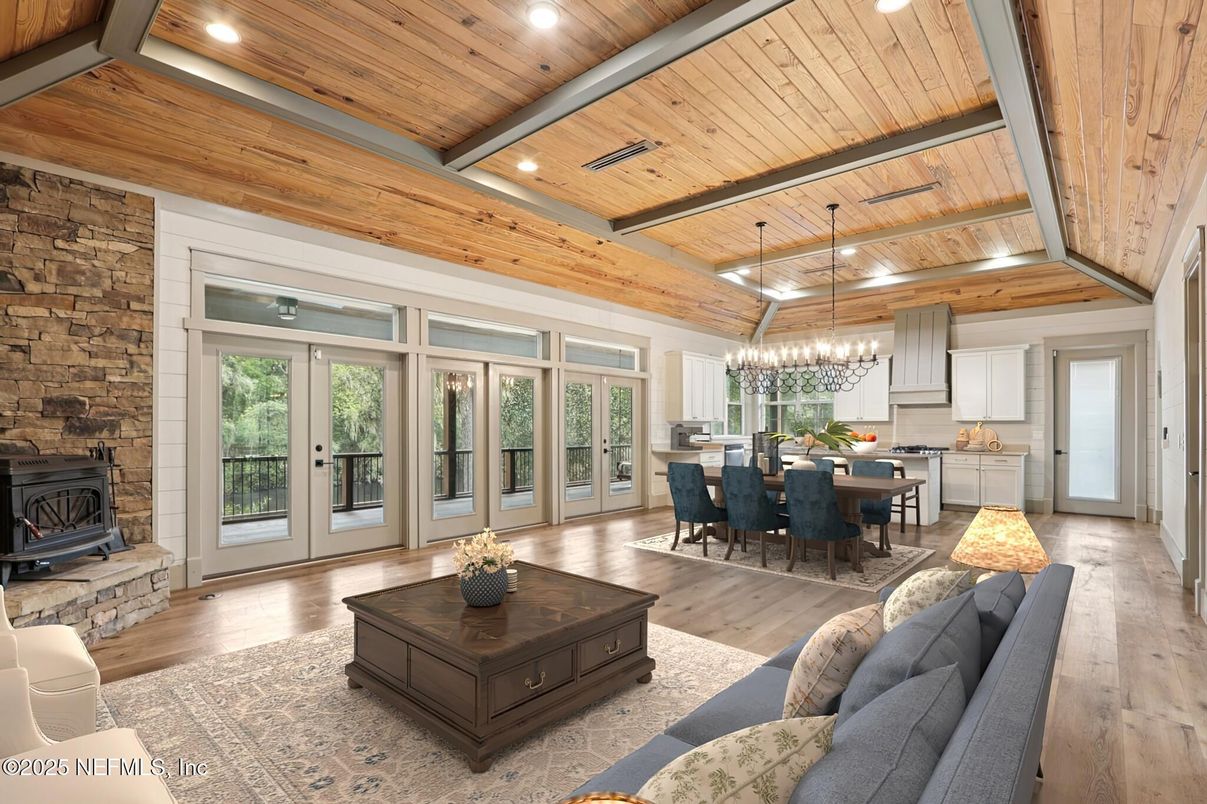 Chandelier, Dining room, Fireplace, Interior, Kitchen, Living room, Pendant Lights, Recessed Lighting, Stone Walls, Wooden Beams, Wooden Ceilings, Wood Texture Flooring