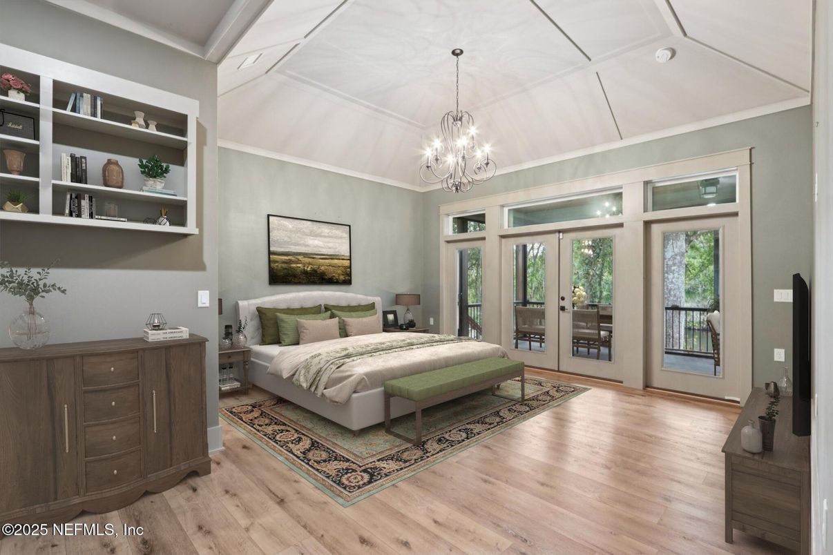 Bedroom, Chandelier, Interior, Wood Texture Flooring