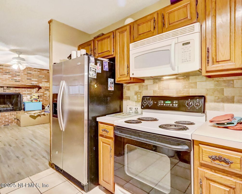 Fireplace, Interior, Kitchen, Stone Walls, Wood Texture Flooring
