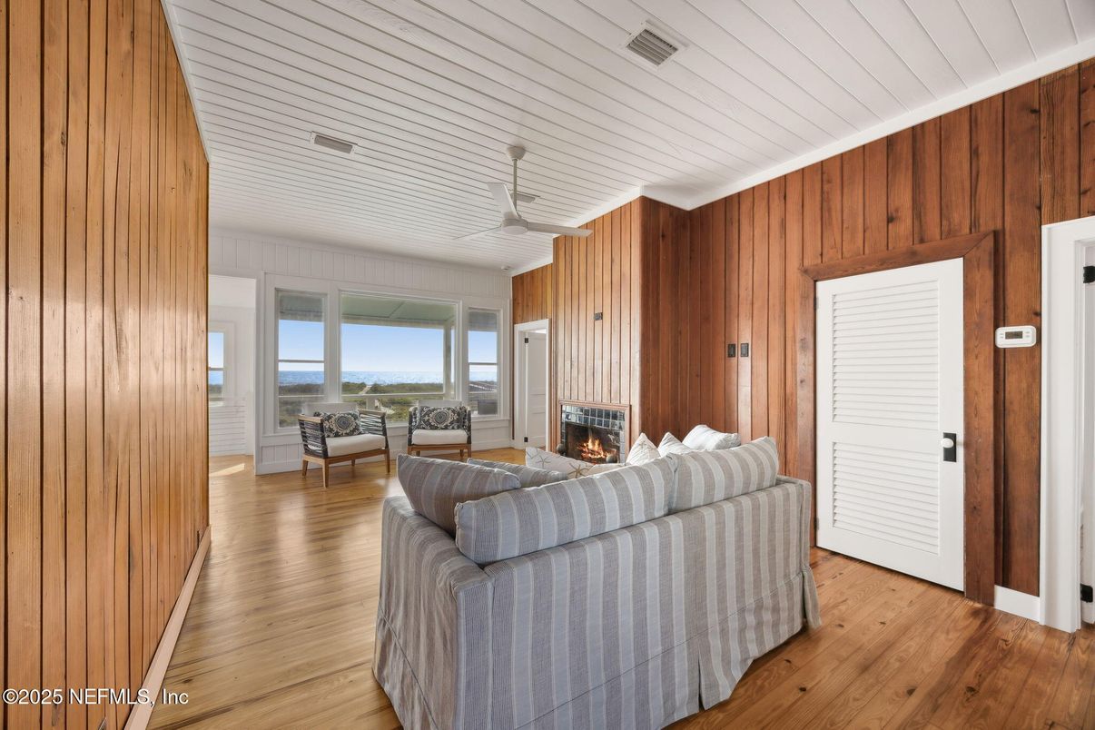 Fireplace, Interior, Living room, Water, Wood Texture Flooring, Wooden Walls