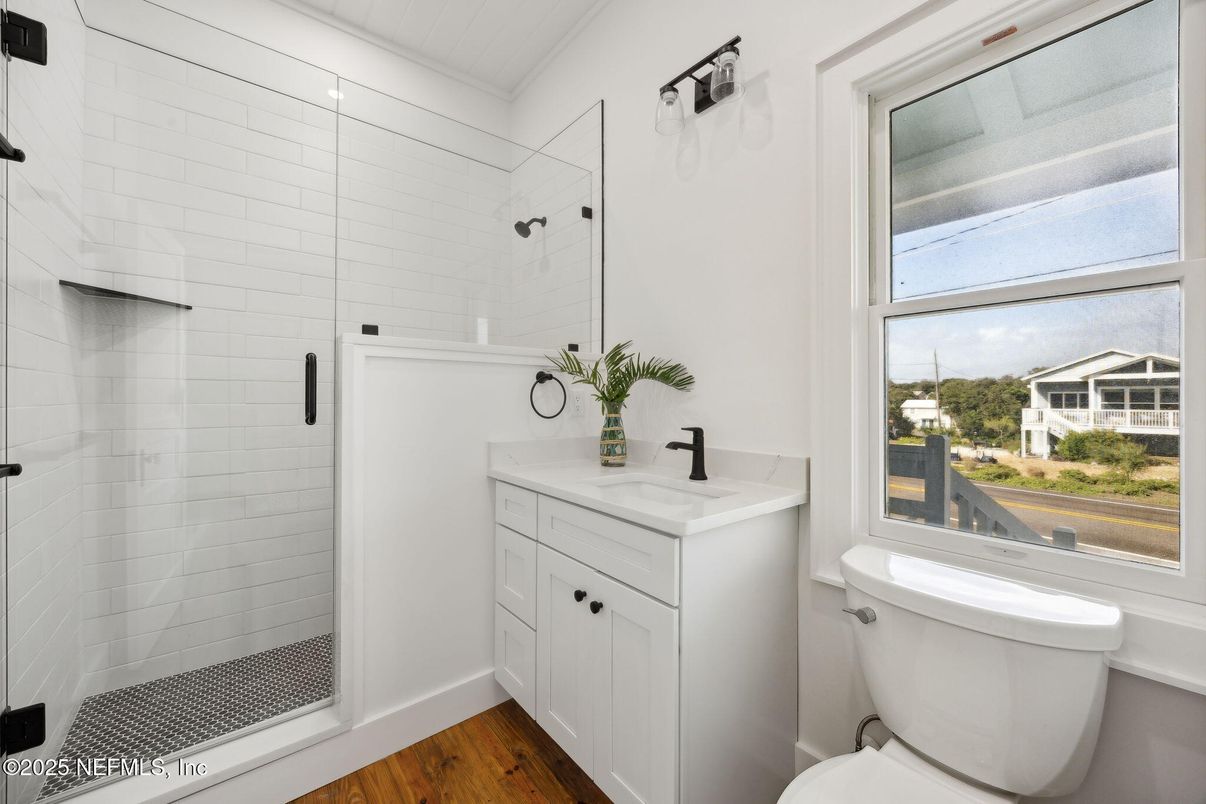 Bathroom, Glass Shower, Interior, Wood Texture Flooring