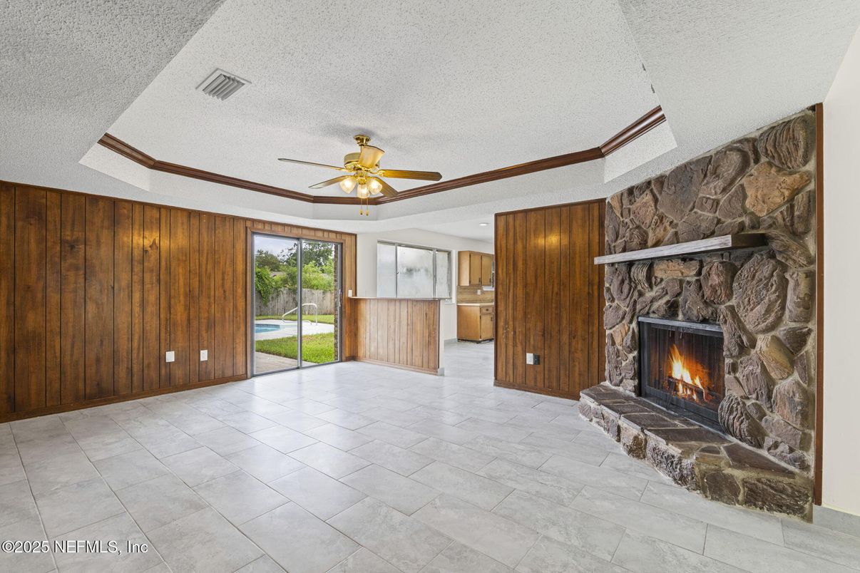 Empty room, Fireplace, Interior, Recessed Lighting, Stone Walls, Wooden Walls