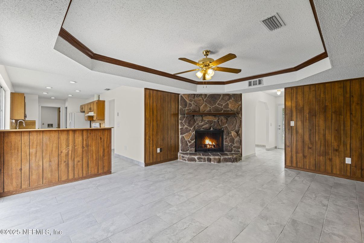 Fireplace, Interior, Kitchen, Recessed Lighting, Wooden Walls