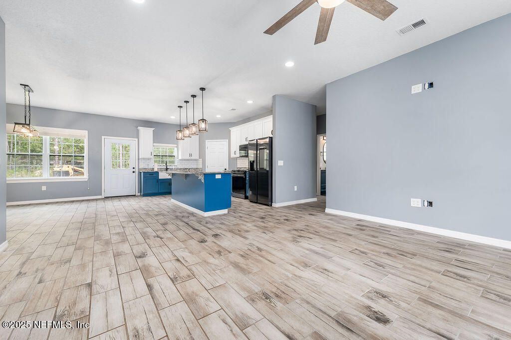 Empty room, Interior, Kitchen, Pendant Lights, Recessed Lighting, Wood Texture Flooring